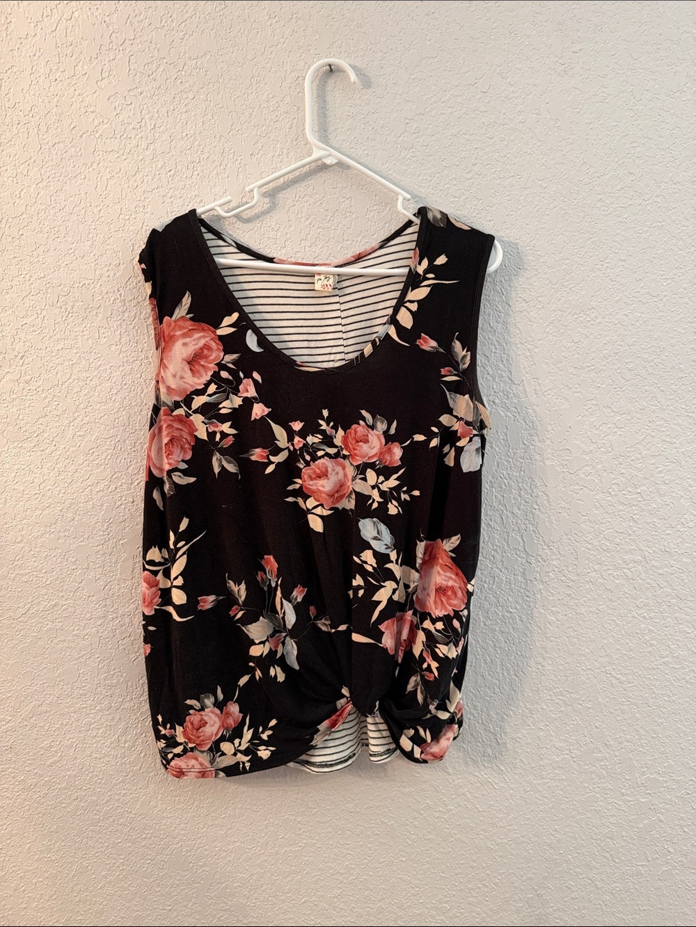 7th Ray Black Tank Top with Pink Rose Print